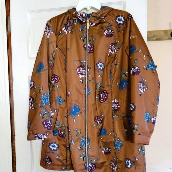 Dennis Basso Brown Printed Water-Resistant Zip Front Anorak Jacket with Hood L - Picture 1 of 8